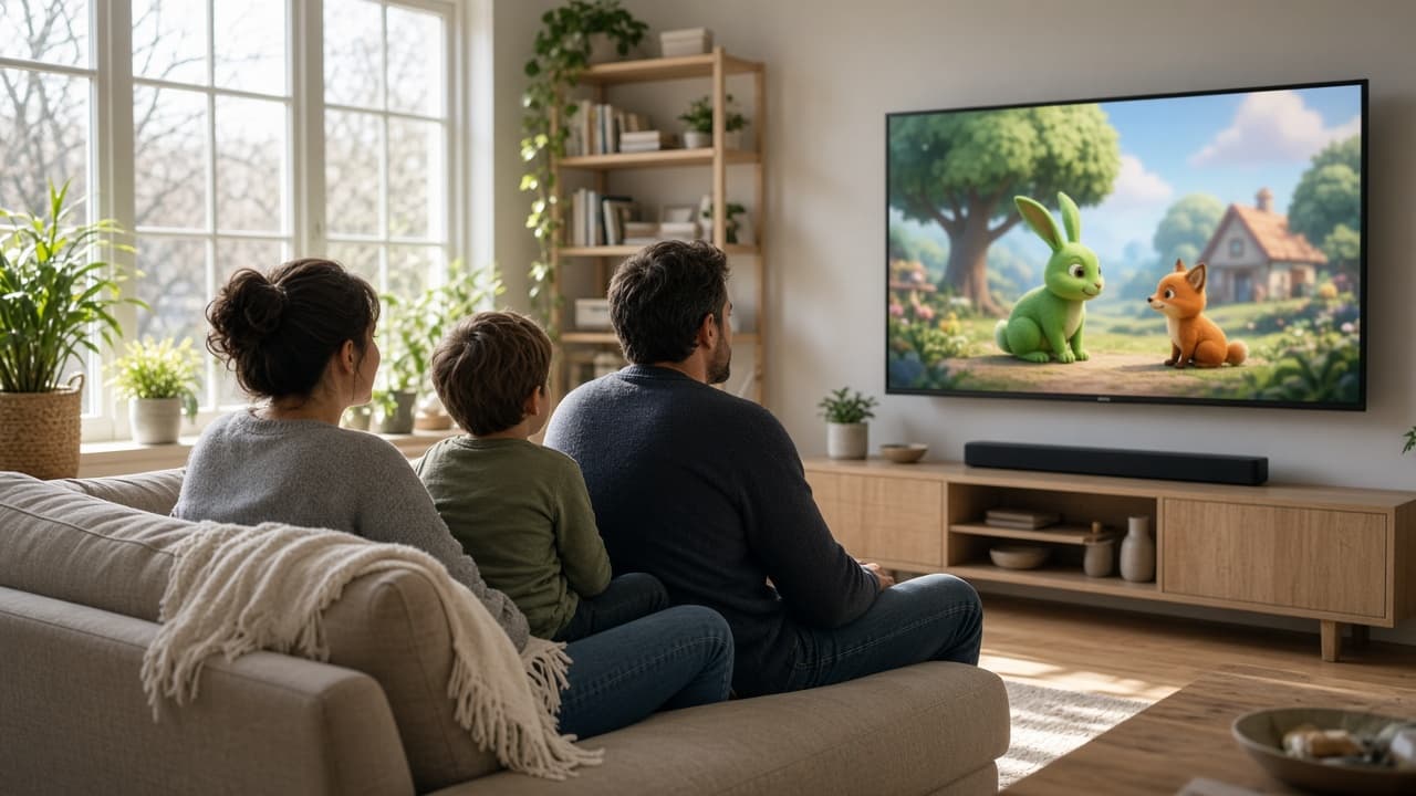 Family living room choosing how to watch Canadian TV